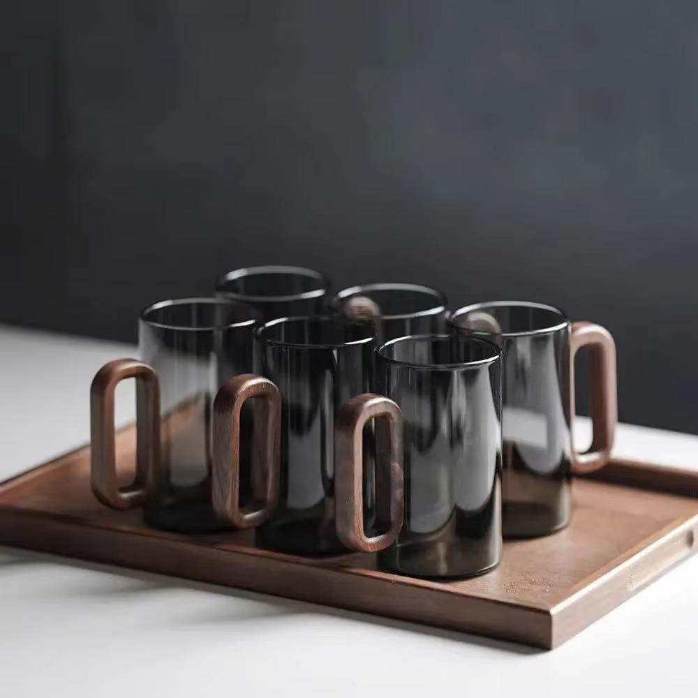 

350ml Drinking Glass Wood Handle Mug Household Glass Coffee Cup Hospitality прозорий