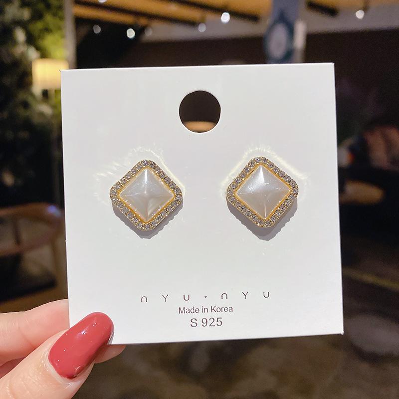 925 Silver Needle Temperament High-end Full Diamond Pearl Earrings Women's ins Wind Geometric Earrings Korean Light Luxury Earrings