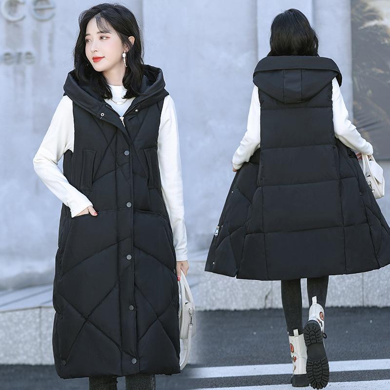 

Winter women s down cotton vest medium and long women s winter knee new fashion thickened vest jacket M чёрный