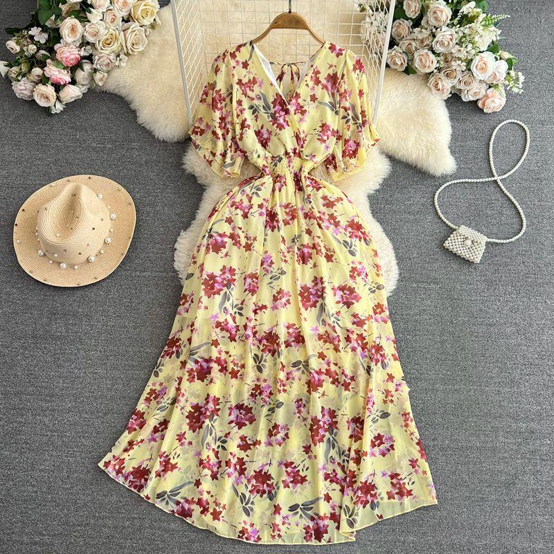 

Summer Gentle Chiffon Dress Large Swing Short Sleeve Yellow bottom purple flower All yards
