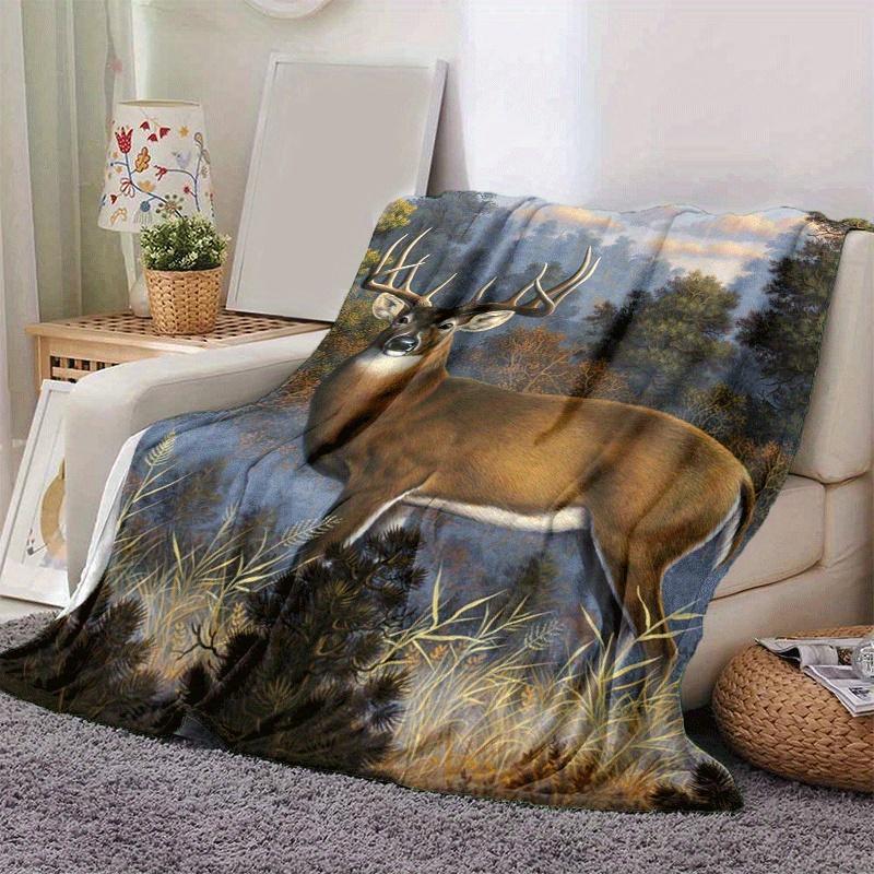 1pc Deer Printing Lightweight Flannel Blanket, Comfortable and Warm Blanket, for Camping Sofa Bed and Couch Office, Gift