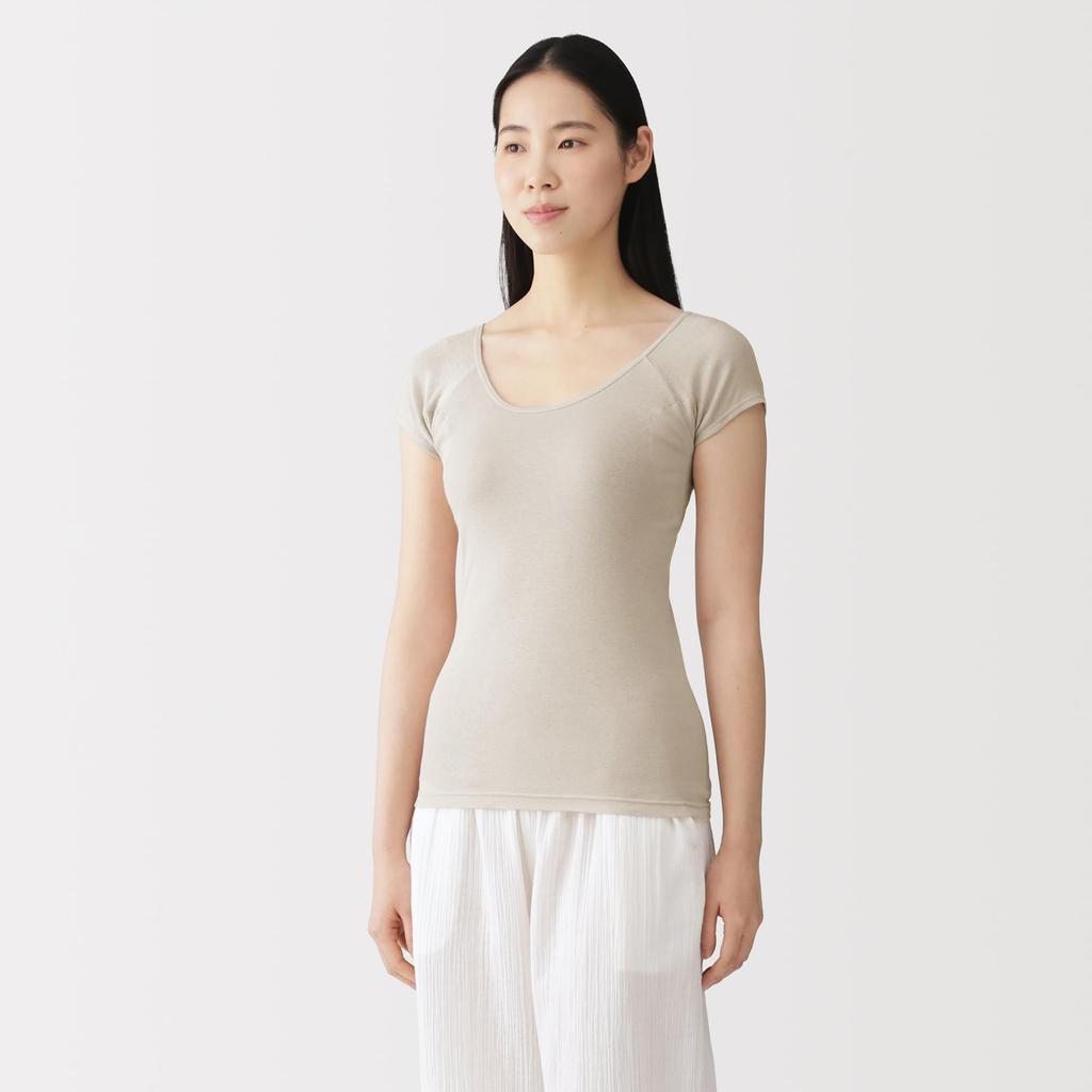 MUJI Light Cotton French Sleeve Top with Sand Size S Women's Sweat-Absorbing Pads, Beige, (FCC11A6S)