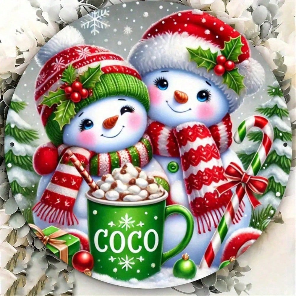 Round Snowman Cocoa Metal Wall Art Christmas Tin Sign Holiday Home Decor