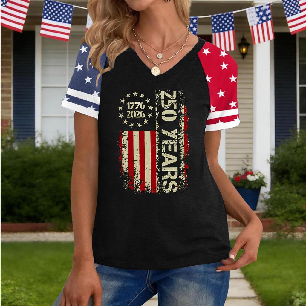 Women's Casual V-Neck Short Sleeve T-Shirt with Independence Day Print