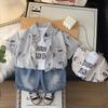 0-5-year-old Boys' Short Sleeved Three Piece Summer Children's Fashion Plaid Shirt Printed T-shirt+casual Denim Shorts Set
