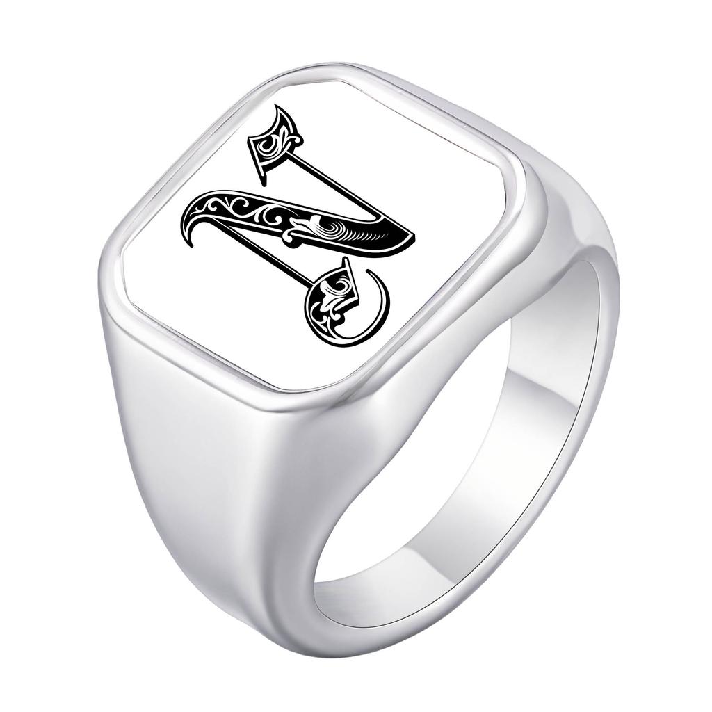 Engrave Custom A-Z Initial Picture Rings for Men, Stainless Steel Male Signet Ring, High Polished Finger Jewelry Gift Father Day
