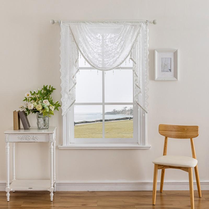 Elegant Tiered Valance Curtain With Lace Trim Rod Pocket Semi-Sheer Floral Checkered Living Room Bedroom