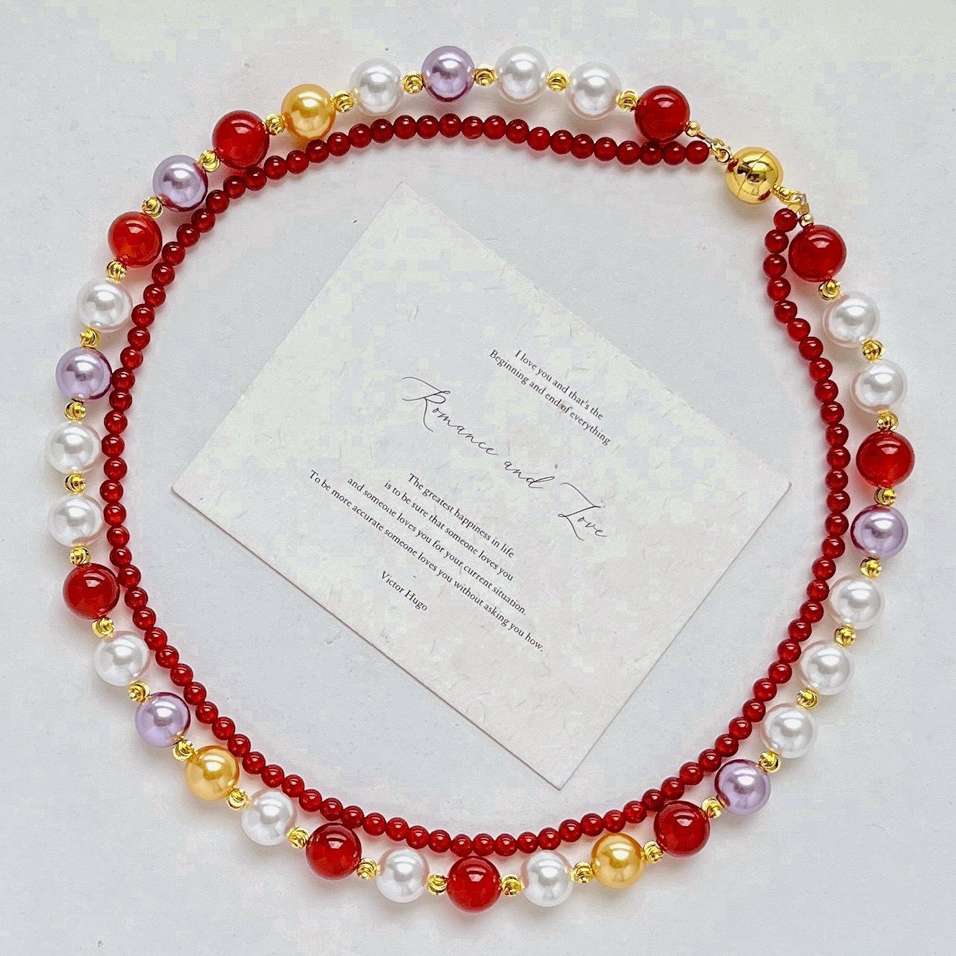Maillard Style Retro Mixed Color Artificial Crystal Pearl Natural Chalcedony Double Layer Necklace Collarbone Chain Sweater Chain