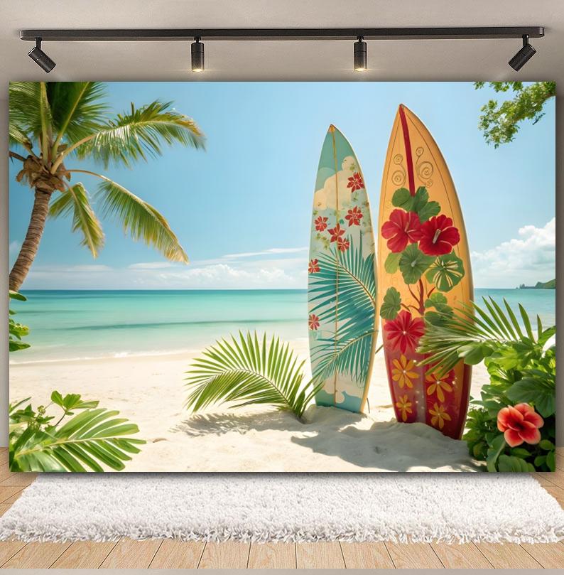 Hawaiian Summer Seaside Backdrop for Photography Tropical Beach Palm Tree Surfboard Baby Birthday Holiday Party Photo Background Vinyl 90x60cm