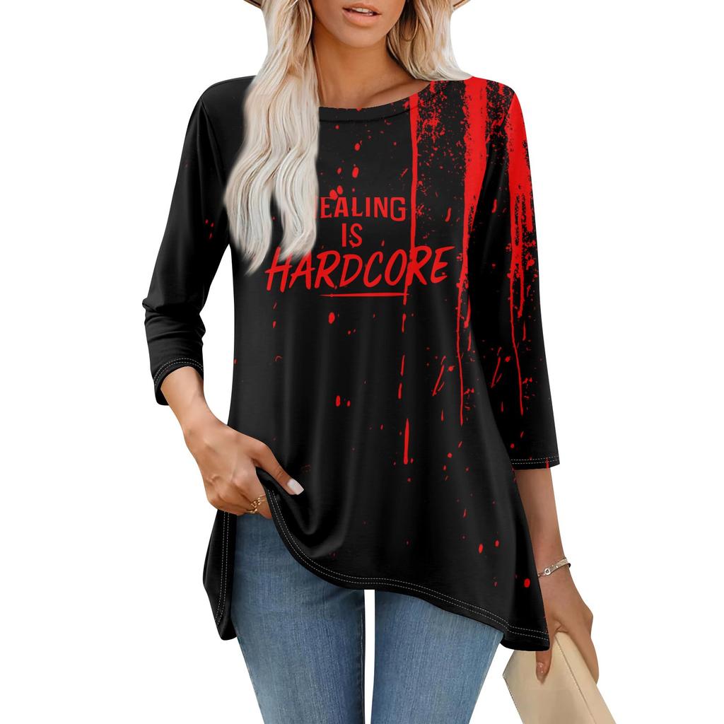 Tunic Tops For Women Loose Fit Prints Tops 3/4 Length Sleeve Womens Tops With Asymmetrical Hem