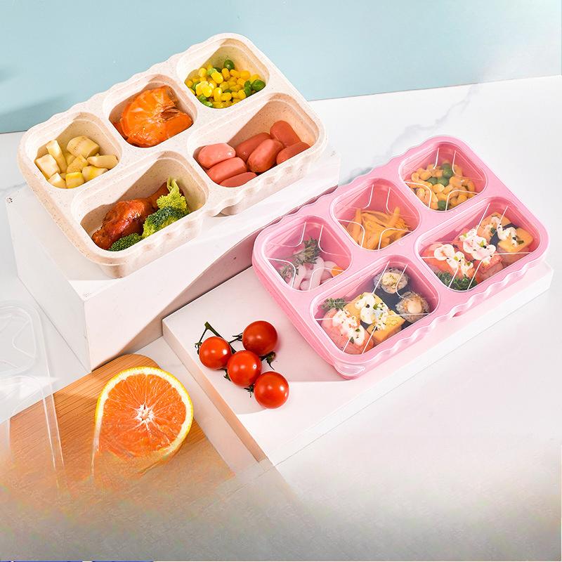 Weizenstroh Quadratische Fünf-Fächer Lunchbox Outdoor Tragbare Bento Box Snackteller Snack-Obstbox