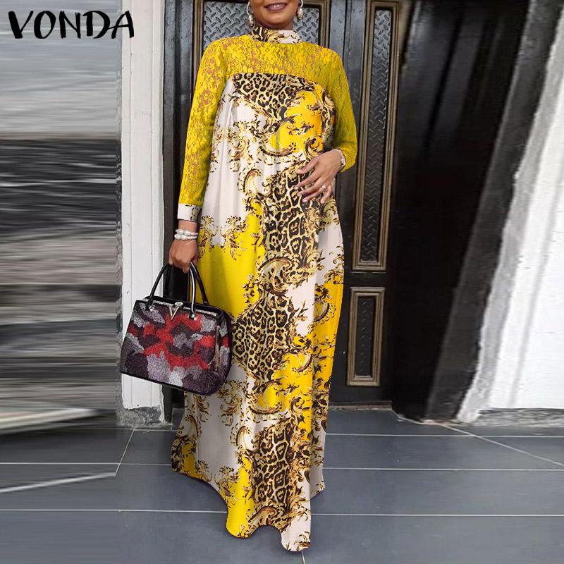 

VONDA летние женские с длинным рукавом винтажные праздничные платья макси с принтом кружевные лоскутные вечерние свободные длинные платья размера плюс