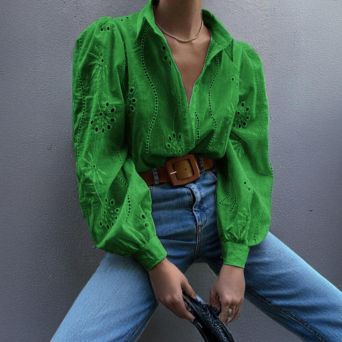 

Осенняя женская рубашка свободного покроя с рукавами-пузырями M зелёный