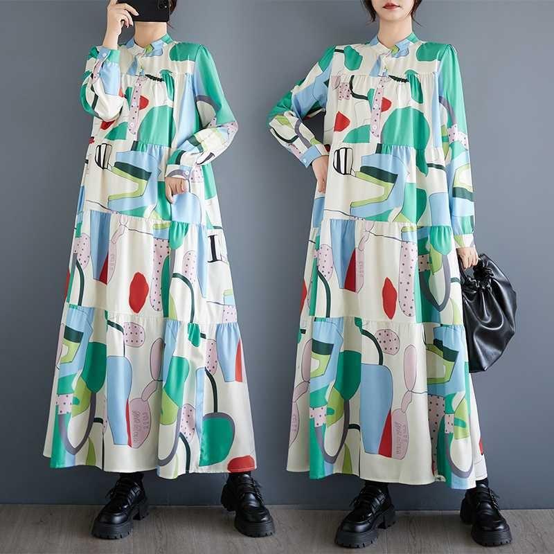 Loose and Thin Fashion Long-sleeved Printed Mid-length Dresses