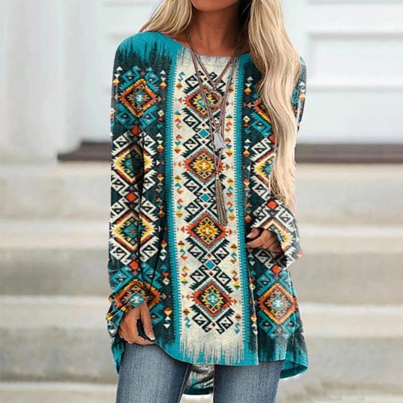 Round Neck 3D Printed Top Fashionable Casual Retro Long Sleeved Women's T-shirts