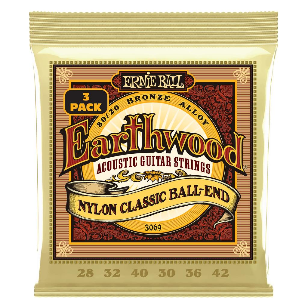 [Authentic] ERNIE BALL 3069 Classical Guitar Strings (28-42) Earthwood Folk Nylon, Clear & Gold Ball End, 8020 Bronze, 3-Pack