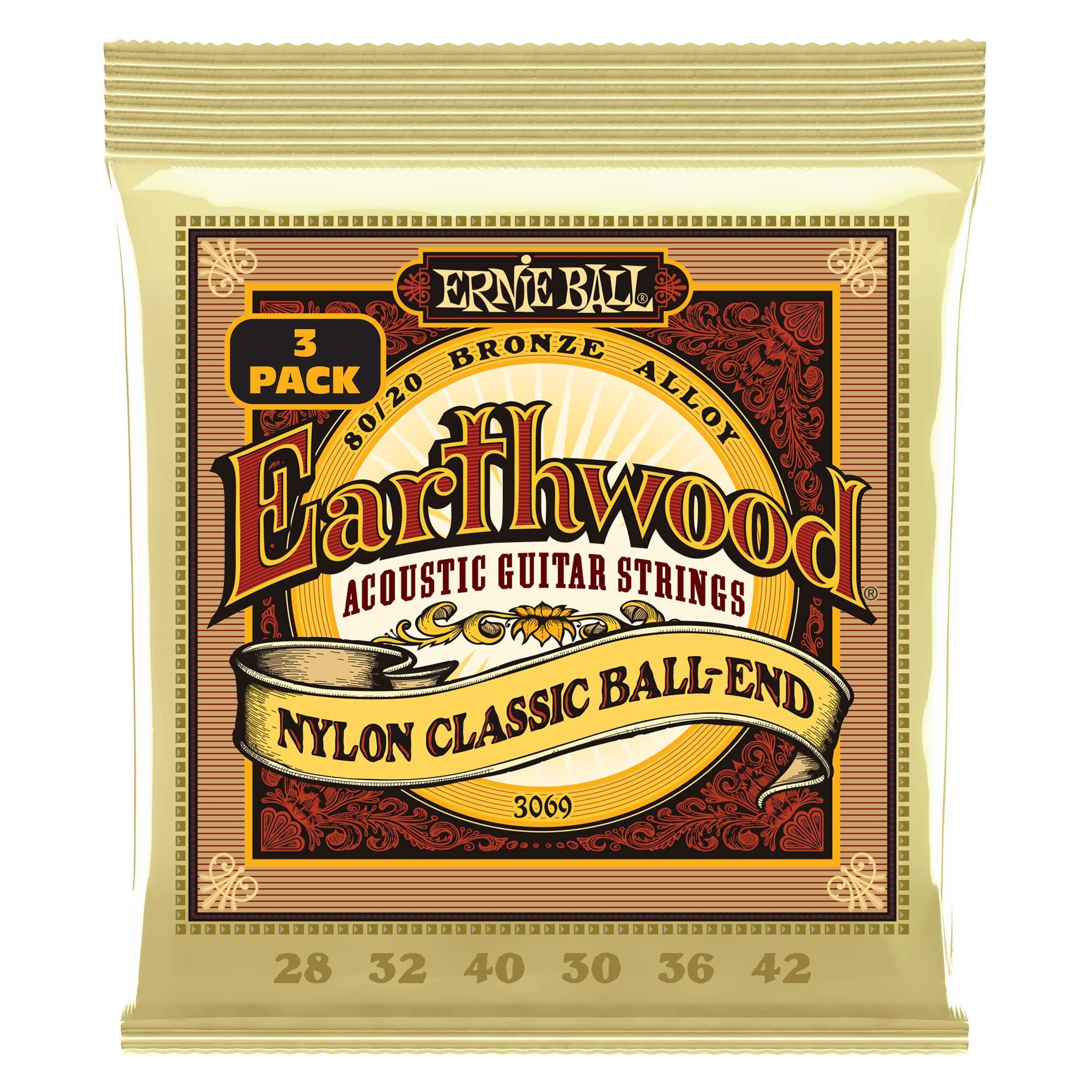 

[Authentic] ERNIE BALL 3069 Classical Guitar Strings (28-42) Earthwood Folk Nylon, Clear & Gold Ball End, 8020 Bronze, 3-Pack