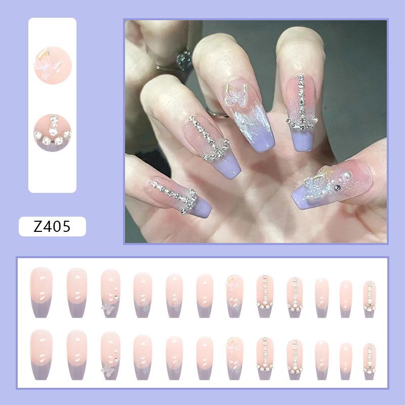 Artificial Nails Taro Milk Wear Nails Blue French Crystal Butterfly with Diamonds Ice Transparent Nail Art Long False Nails