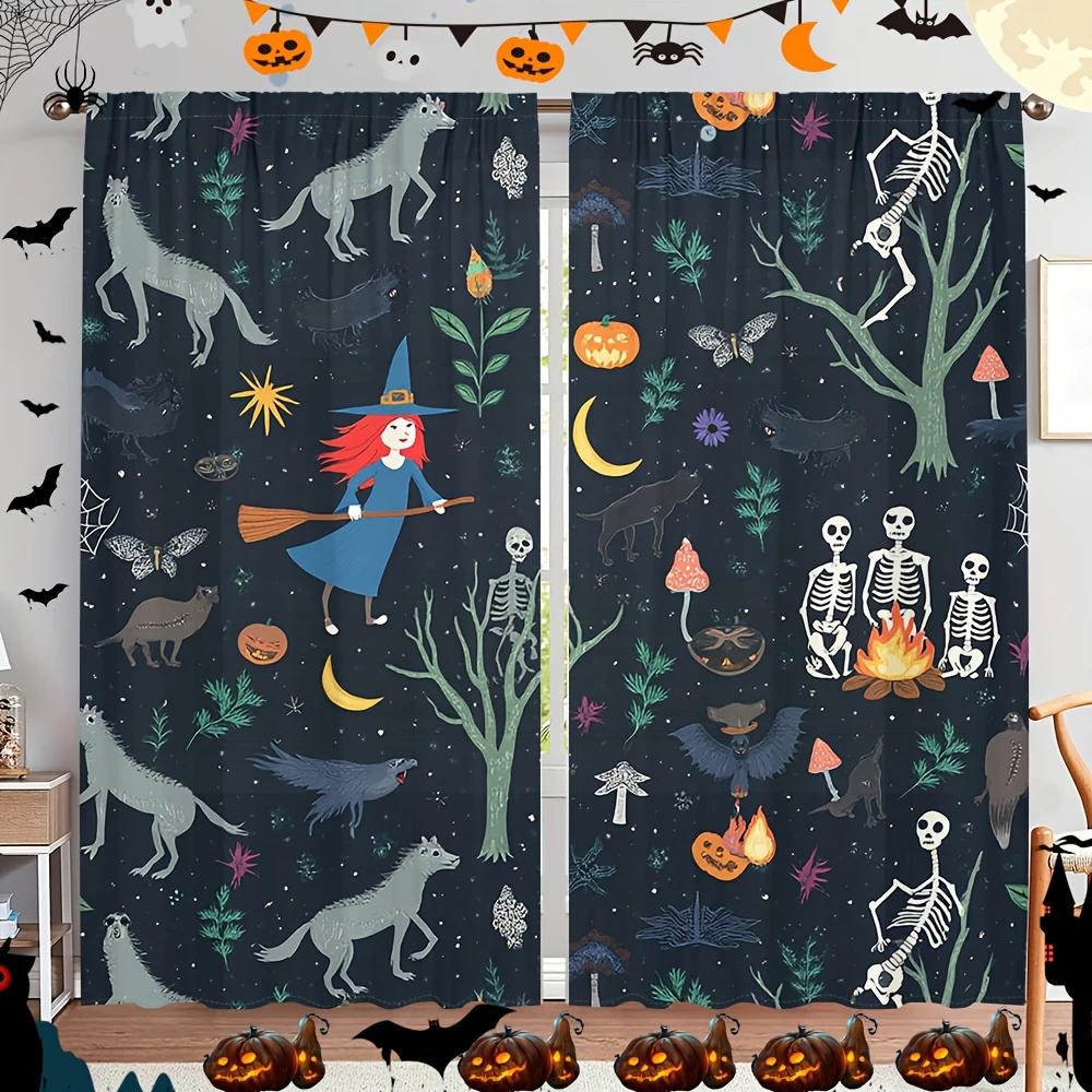 2Pcs- Halloween Witch And Skeleton Forest Printed Curtains, Pole Bag Curtains, Home Decorations, Room Decorations