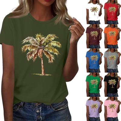Ladies' Loose Comfortable Casual And Fashionable Hawaiian Plant Print Round Neck Short Sleeved Shirt
