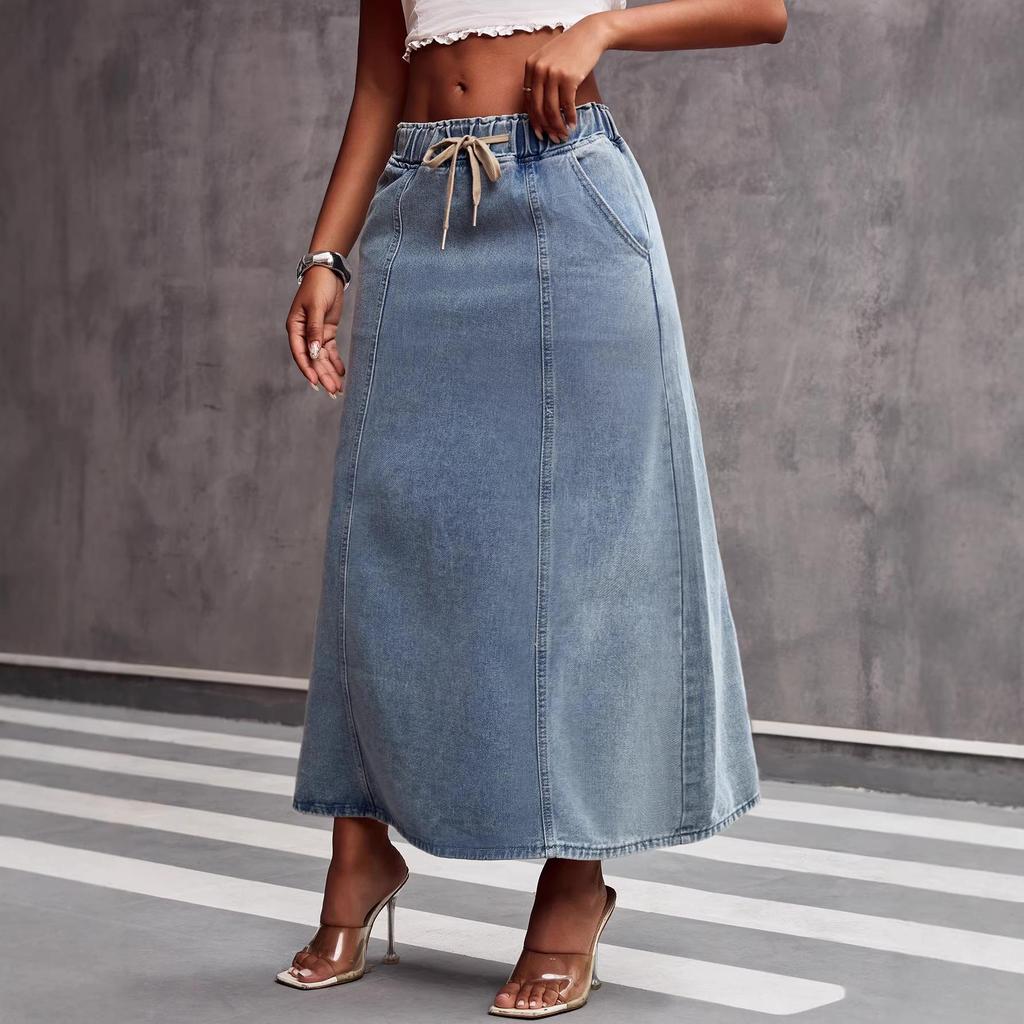 Retro European-American Women's Washed Denim Summer Skirt with Drawstring Waist