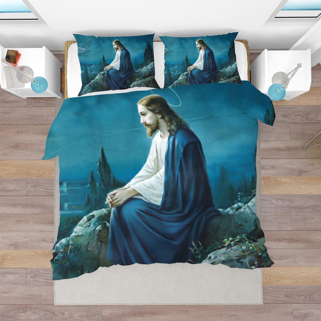 Jesus Christ King Queen Duvet Cover Christianity Bedding Set Western Religion Quilt Cover Blue-green Polyester Comforter Cover