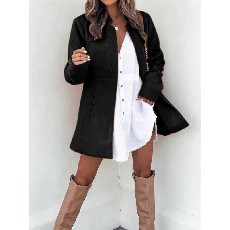 

Осенне-зимняя мода Женское пальто с длинным рукавом Однотонное Тонкое с карманом Офисные пиджаки Уличная одежда Приталенное Элегантное Повседневное Свободное Длинные рубашки Простая одежда XL чёрный