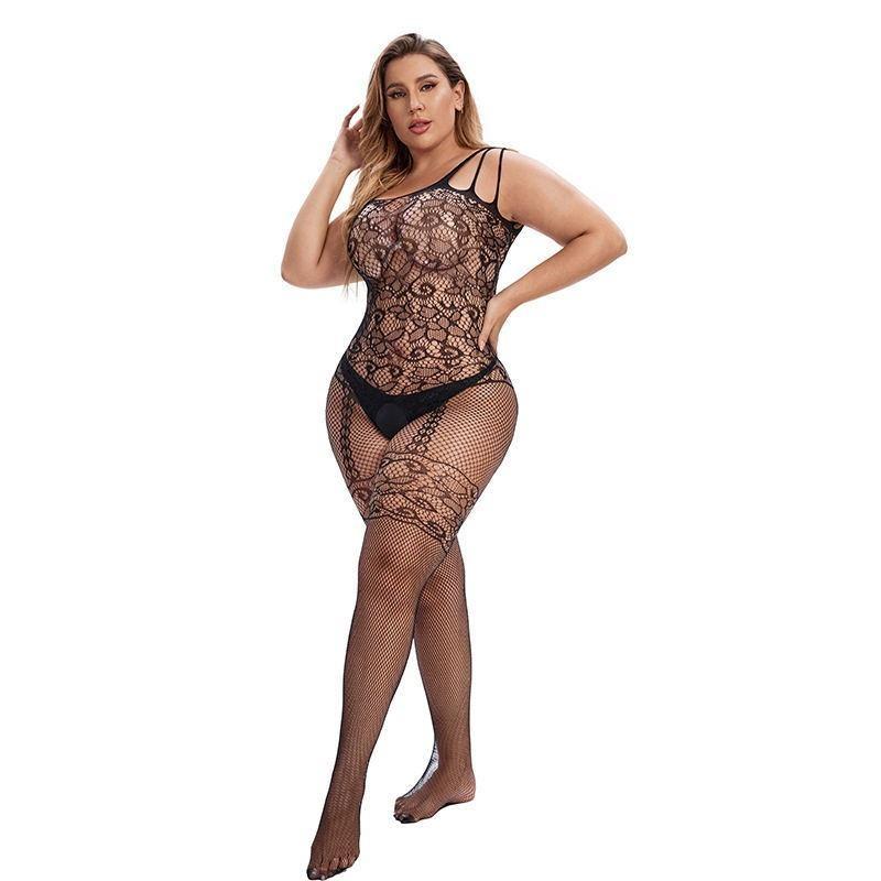 Oversize ženy Sexy síťované jednodílné body punčochové kalhoty Krajkové body Spodní prádlo Velká velikost