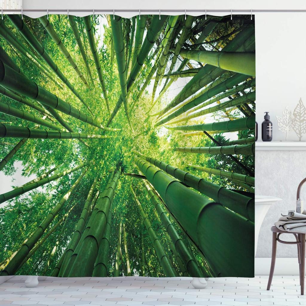 Sage Green Shower Curtain, Modern Japanese Floral Huddle With Geometric Lines On Blurry Effect Back, Cloth Fabric Bath