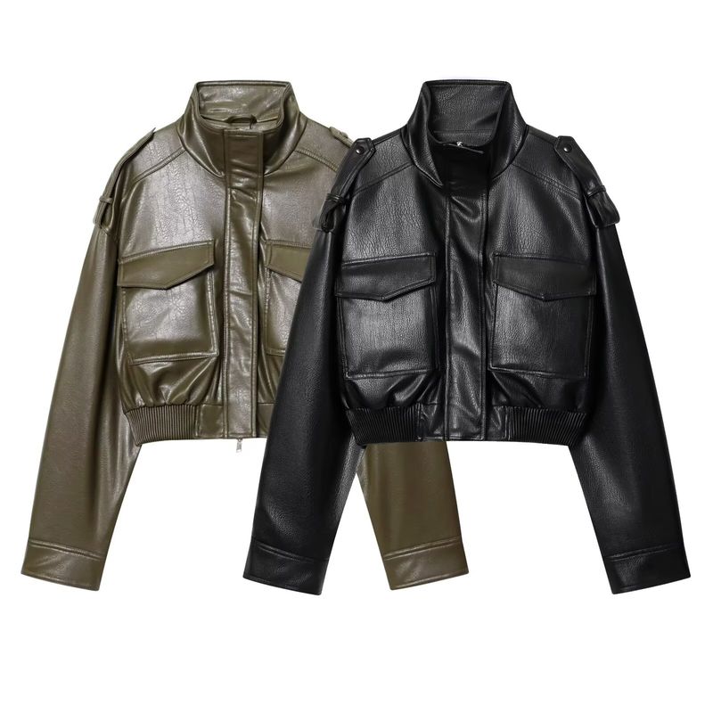 Za Autumn and Winter New Arrivals Women's Clothing Zr European and American Style Fashionable High-Neck Faux Leather Bomber Jacket 6318250