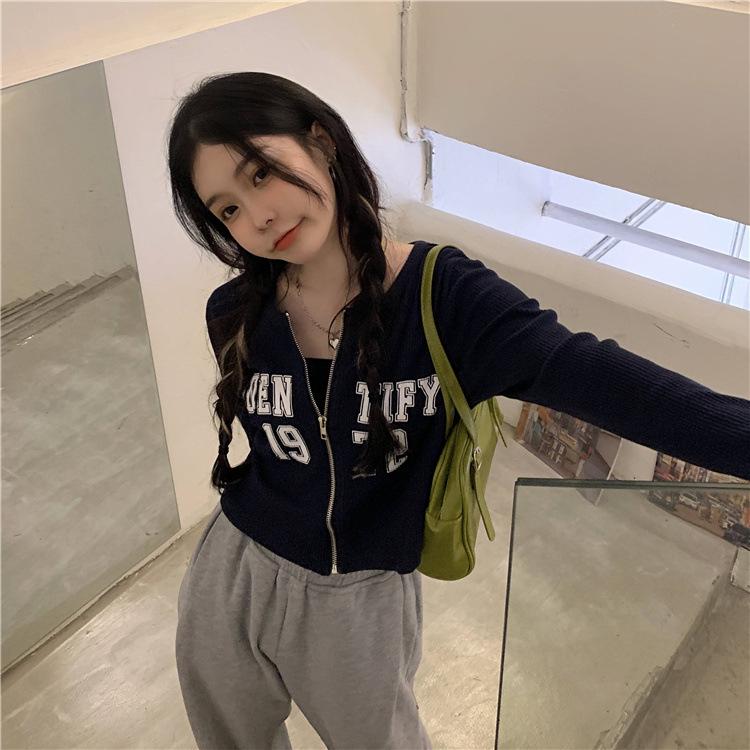 Women's Letter Print Zip-Up Cardigan: New Loose Slimming Long Sleeve Hot Girl Top