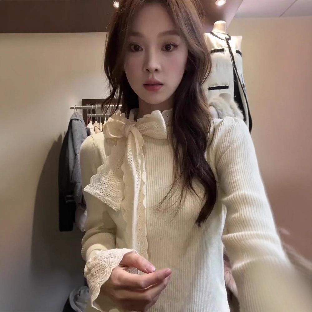 French Lace Bow Long-Sleeve Slimming T-Shirt 2026: Autumn/Winter Versatile Base Layer