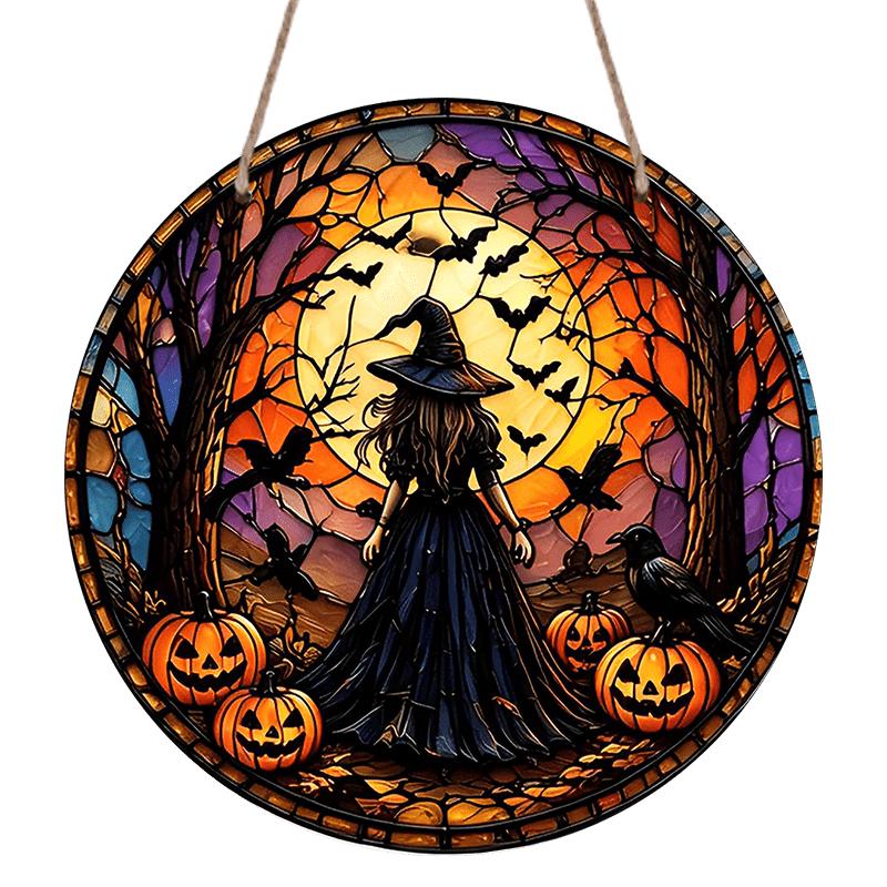 2D Flat Aluminum Decorative Hanging Ornament, Round Imitation Stained Glass Witch Sign Wall Decoration, 7.87*7.87 Inches. Halloween Front Door and