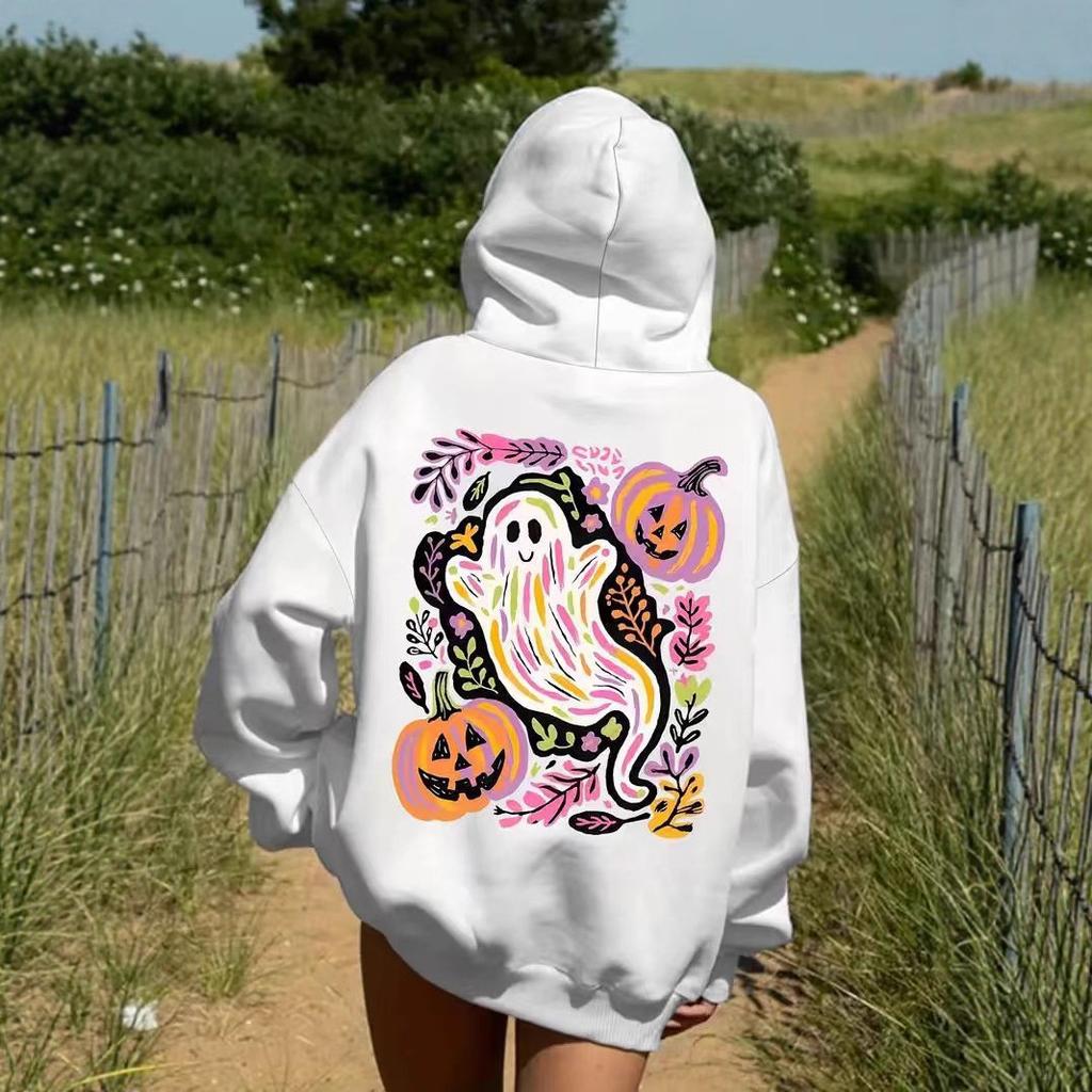 Ladies Spring Autumn Casual Hooded Long Sleeve Big Pocket Halloween Ghost Pumpkin Printed Pullover Hoodies Sweatshirt Top