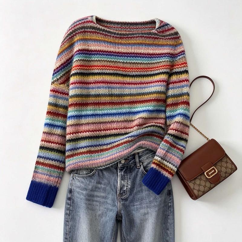 Women's European Retro Fair Isle Long Sleeve Color Block Knitted Sweater Top