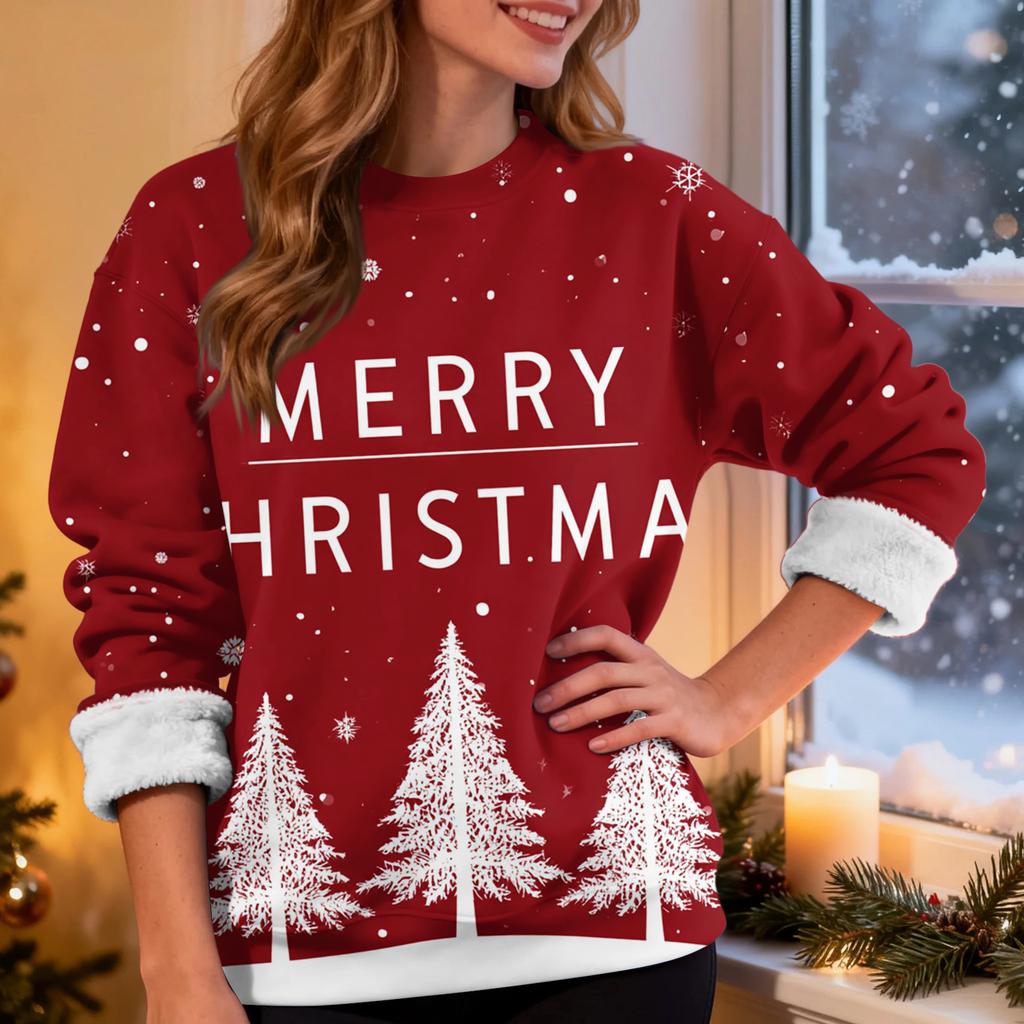 Women's Casual Fashion Round Neck Plus Velvet Thickened Christmas Print Sweatshirt