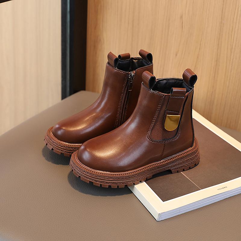 Fashion Boy Girl Short Boots Non-Slip British Style Boots Children's Side Zipper Design Single Boots Leather Boots Anti-skid