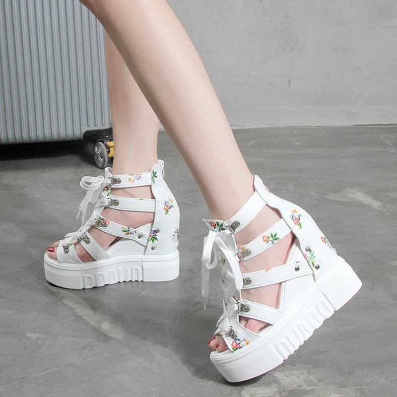 Summer new fish mouth muffin wedge heel sandals women's flower trend fashion hollow lace-up student women's sandals