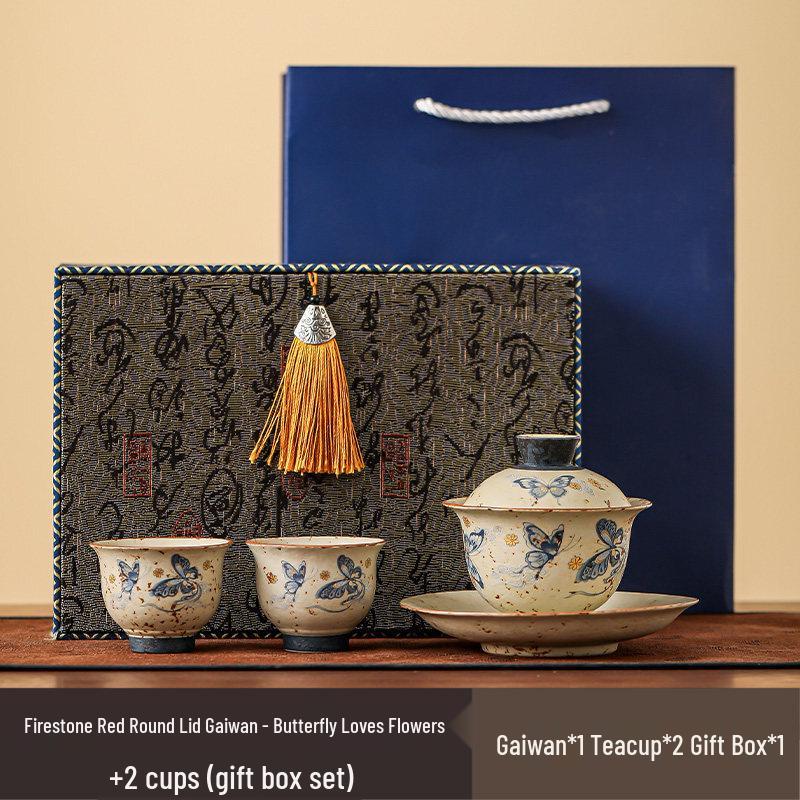 DARUNYAO Blue and White Flint Red Gaiwan Tea Set