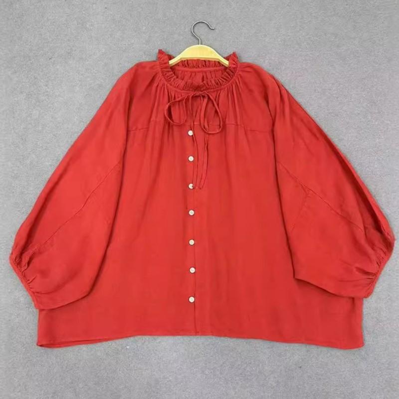 Johnature Japanische Casual Loose Bat Shirts Einfarbige Shirts Sommer Vintage Rüschen Kragen Krawatte Tops Frauen