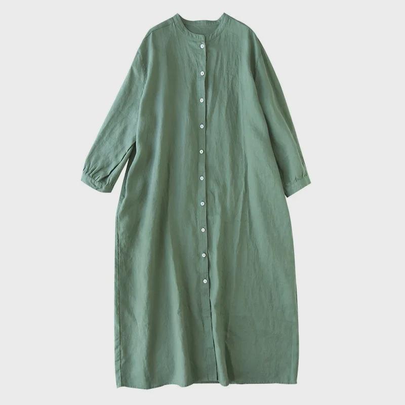 Japanese Style Stand-Up Collar Linen Shirt Dress - Loose Fit
