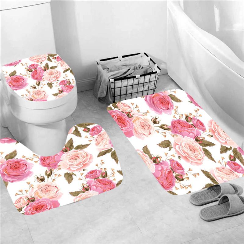 Pink Flowers Rose Elegant Printed Shower Curtain Set Waterproof Women Bathing Bathroom Pedestal Rug Lid Carpet Cortina Ducha