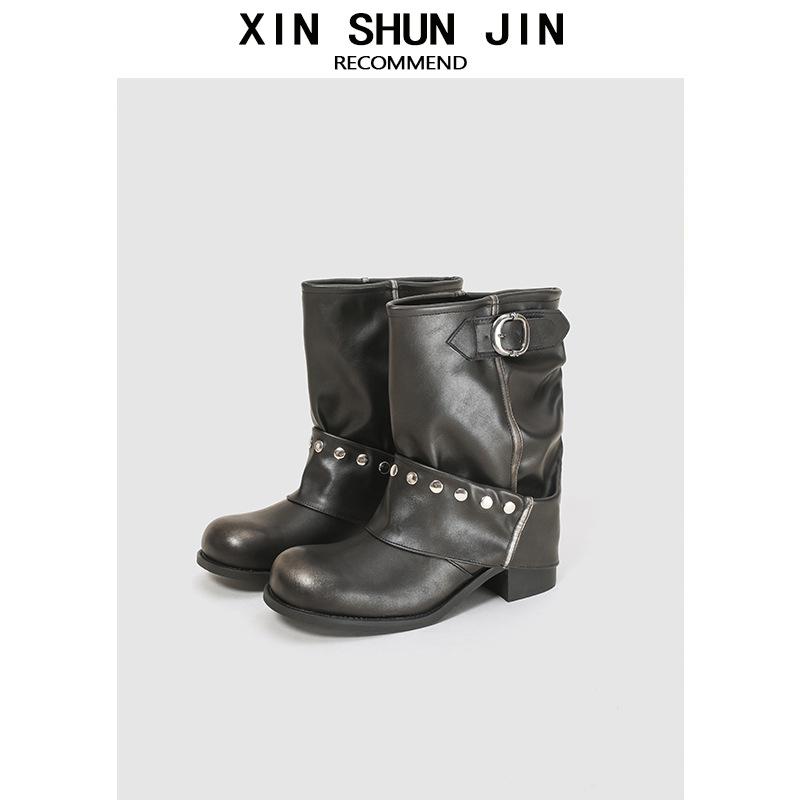 Spice Girls Pants Boots Women's 2025 Rivet Pleated Pile Boots Black Western Cowboy Boots Short Belt Buckle Martin Boots