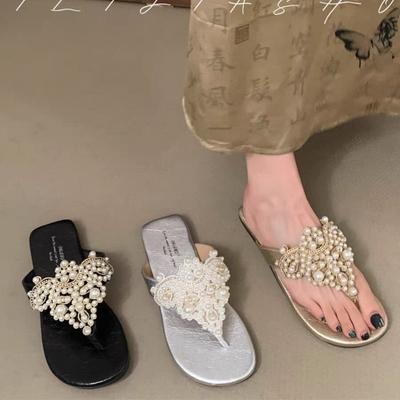 2024 Sandals Women Rhinestone Floral Pattern Slingback Summer Beach Sandals Boho Style Shoes Flip Flops Chaussures Femme