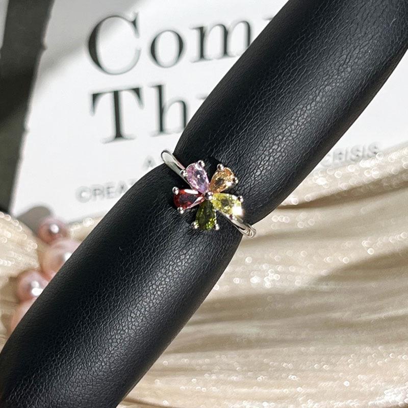Colorful Zircon Flowers Exquisite Binning Flowers Small Building Sweet Opening Ring Women's Hot Sale High-end Light Luxury Versatile Ring