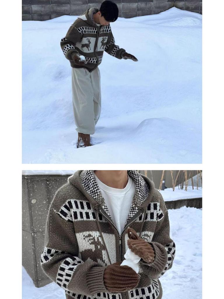 Pánský retro vánoční svetr s kapucí: Zimní žakárový kardigan na zip