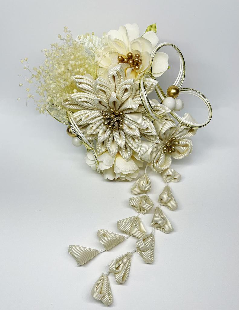 Inari Shoji Tsumami Zaiku Mizuhiki Dried Flower Hair Ornament Set for Ceremonies and Graduations (White) Coming-of-Age