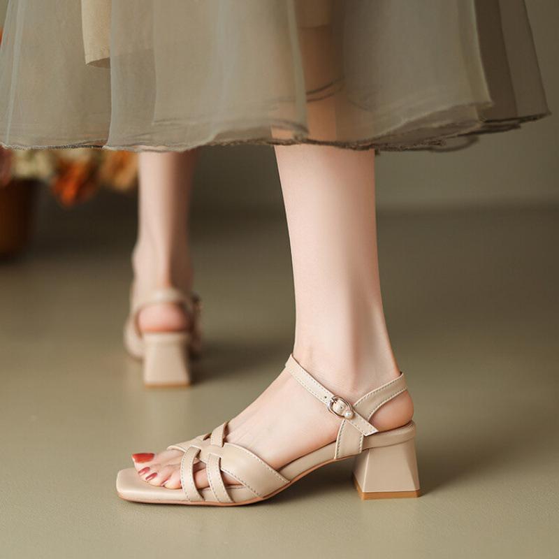New Wide Strip Sandals Women's Summer Women's High-heeled Sandals Casual Solid Color Large Size Shoes Rubber Soft Sole Women's Shoes Square Head
