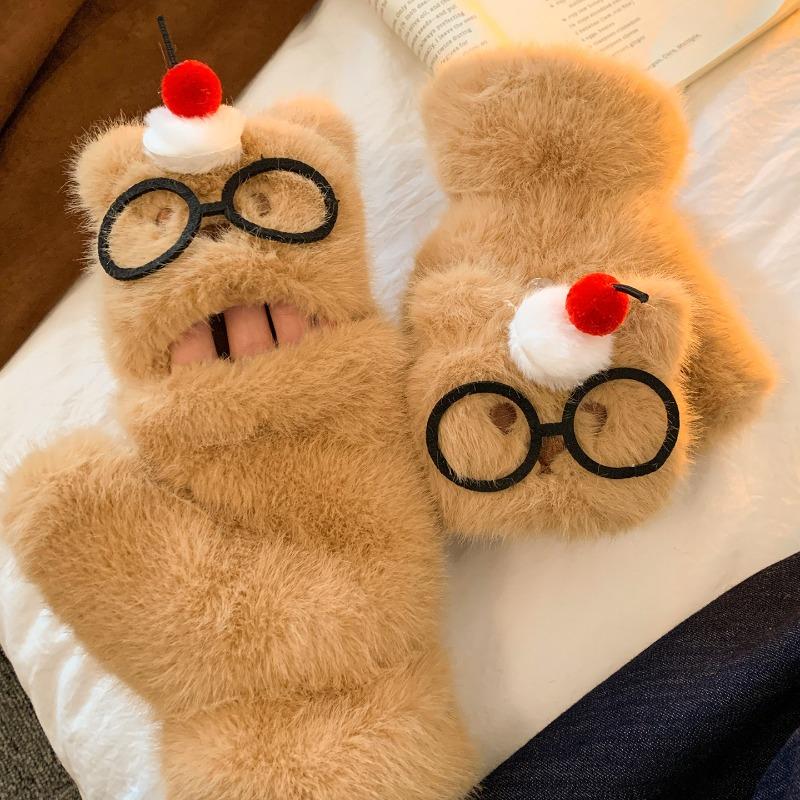 Cute Glasses Bear Plush Half Finger Flip Gloves Women's Winter Cartoon Versatile Can Be Cold, Windproof and Warm