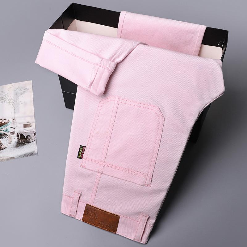 Men's White Six-pocket Stretch Jeans Men's Spring and Summer Trend Straight Slim Multi-pocket Colour Trousers